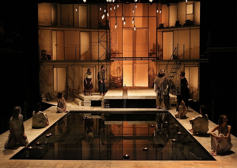 The cast of PlayMakers Repertory Company's METAMORPHOSES by Mary Zimmerman. Co-directed by Dominique Serrand & Joseph Haj. Set and costumes by Jan Chambers and McKay Coble. Lighting by Marcus Dilliard. Photo by Michel Daniel. The cast of PlayMakers Repertory Company's