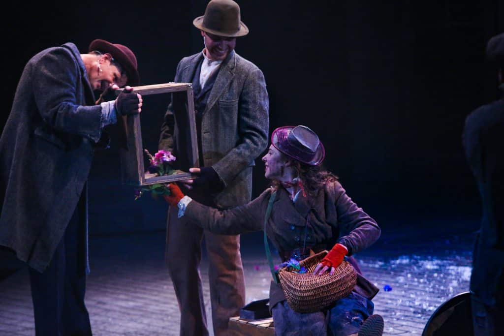 John Allore, Carlos Alcala, and Mia Pinero in PlayMakers Repertory Company's "My Fair Lady." Directed by Tyne Rafaeli. Set by McKay Coble, Lighting by Masha Tsimring, Costumes by Andrea Hood. Photo by Huth Photo.