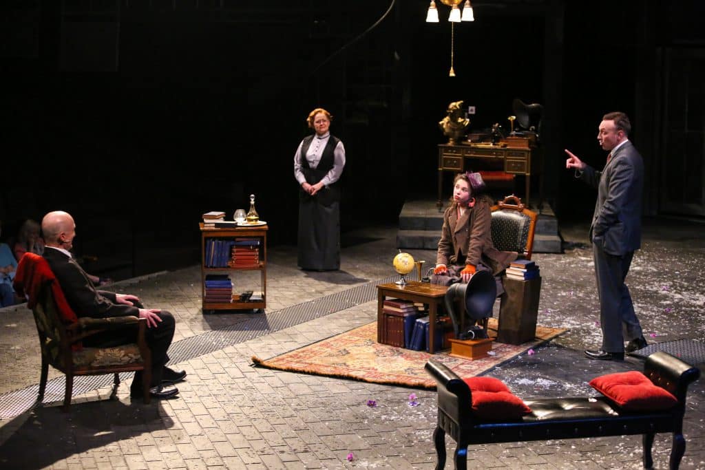 Ray Dooley, Julia Gibson, Mia Pinero, and Jeff Cornell in PlayMakers Repertory Company's "My Fair Lady." Directed by Tyne Rafaeli. Set by McKay Coble, Lighting by Masha Tsimring, Costumes by Andrea Hood. Photo by Huth Photo.